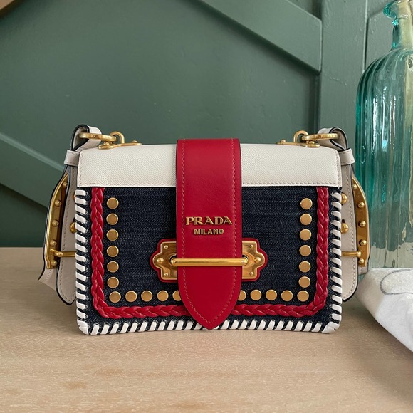 Prada Handbags - PRADA Cahier Ltd Denim Embellished Small Crossbody Bag Blue Red White